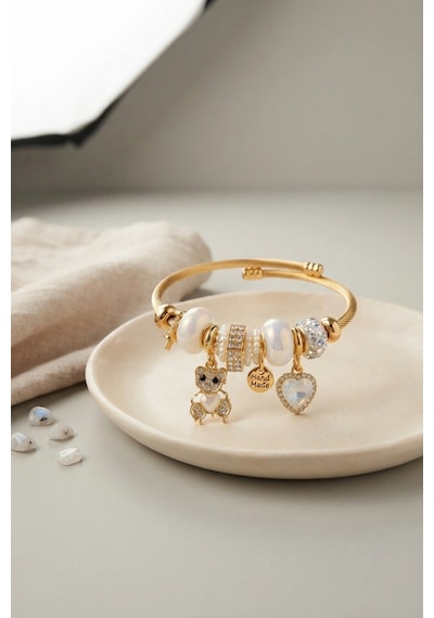 Tedy Bear Model Gold Renk Beyaz Charmlı Bileklik 6446404