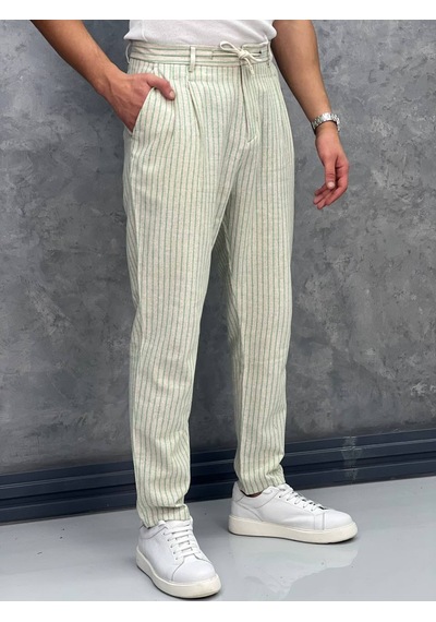 Modefendi Linen Kumaş Çizgi Detaylı Pantolon Yeşil