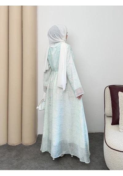 Mihran Butik Silk Model Kemerli Bilek Büzgü Desen Detaylı Kadın Elbise Mint