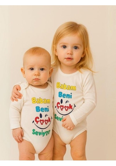 Zekids Bebek Babam Beni Çok Seviyor Yazılı Pamuklu Uzun Kol Çıtçıtlı Body-16093 Ekru