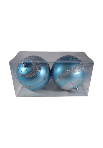 2 Adet Yılbaşı Ağacı Top Süsü 10 Cm - Açık Mavi Parlak Ve Gümüş Sim Şeritli Modern Yılbaşı Dekorasyonu Pvc Kutulu Set