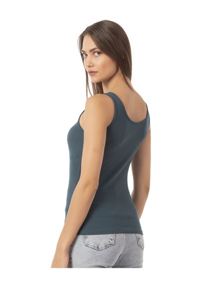 Özkan Underwear Özkan 27063 Kadın Pamuklu Likralı Kaşkorse Fitilli Esnek Rahat Önü Patlı Kalın Askılı Örme Atlet Yeşil