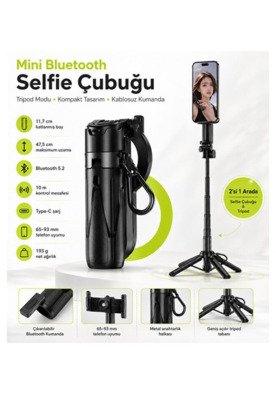 Bluetooth 5.2 Selfie Çubuğu Ve Tripod 47,5 Cm Teleskopik Uzaktan Kumandalı