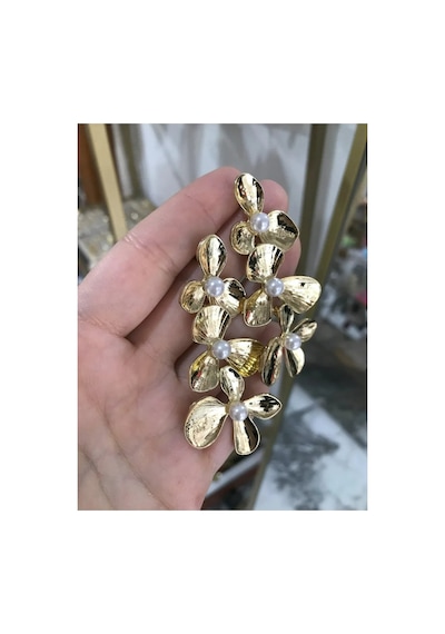 İnci Detaylı Çiçek Küpe Altın 88884202