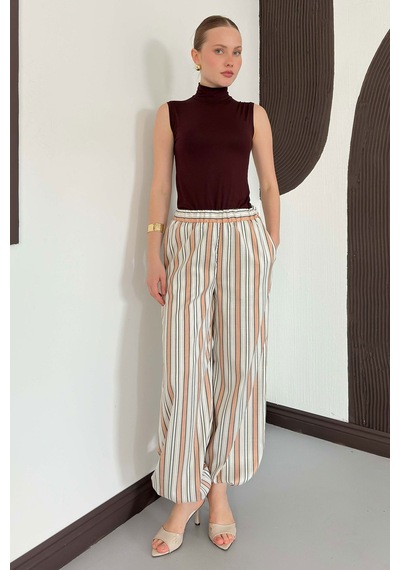 Verymoda Çizgili Salaş Pantolon D3094 Pudra