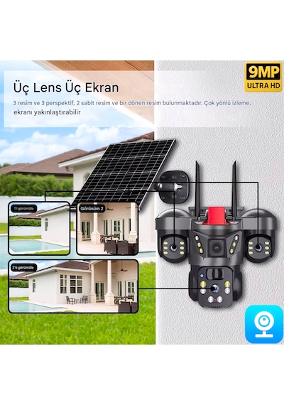 V380 Pro On-sg4366 9mp 3+3+3 Üç Kameralı Ultrahd 4g Güneş Enerjili Akıllı Güvenlik Kamerası