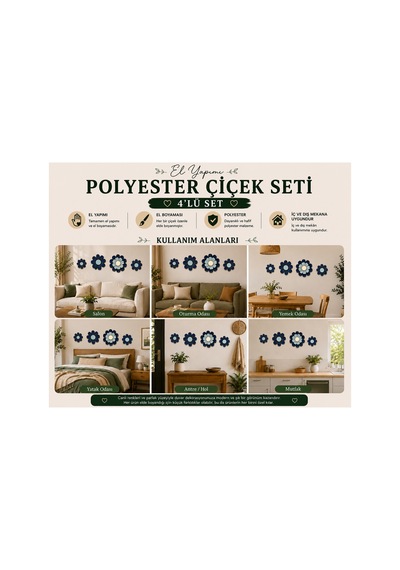 Duvar Dekorasyon Dekor Çiçek 4 Lü Set Lacivert Açık Koyu