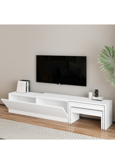 Nest Tv Sehpası Modern Tasarım,2 Kapaklı Depolama Ve İkili Zigon Sehpa İle Fonksiyonel Mobilya Beyaz Nest Tv Sehpası Modern Tasarım,2 Kapaklı Depolama Ve İkili Zigon Sehpa İle Fonksiyonel Mobilya Beyaz