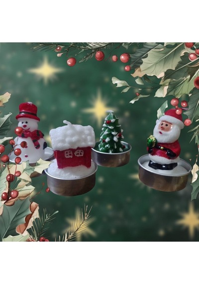 Vıp Deluxe 12 Adet Noel Tealight Mum Noel Baba Kardan Adam Çam Ağacı Noel Evi Gerçek Yılbaşı Mumu