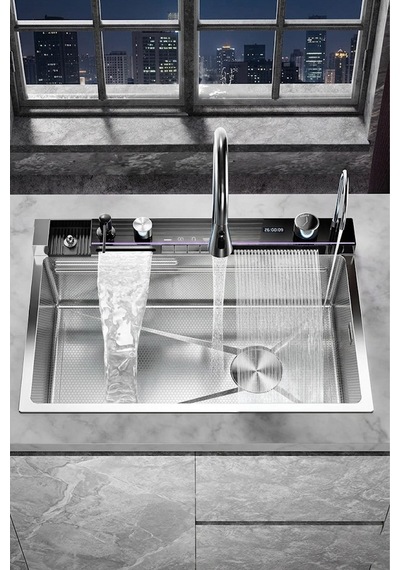 Premium Krom Akıllı Mutfak Evyesi- 75x46 Cm Çok Fonksiyonlu- Lüx Dijital Akıllı Eviye Seti Silver