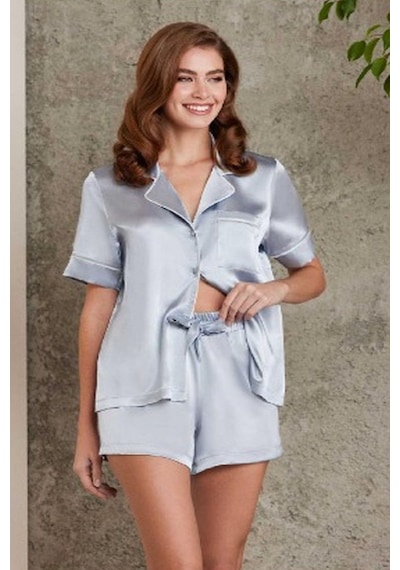 Pierre Cardin 1205 Kadın Saten Önden Düğmeli Şortlu Pijama Takım-mist Mist