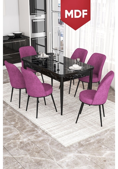 Canisa Kor Serisi MDF 70x114 Açılabilir Yemek Masası Takımı, 6 Sandalye Masa Siyah Mermer Desen Sandalye Mor Canisa Kor Serisi MDF 70x114 Açılabilir Yemek Masası Takımı, 6 Sandalye Masa Siyah Mermer Desen Sandalye Mor