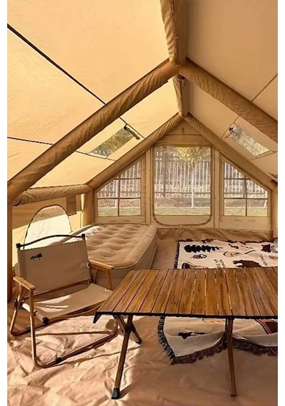 12 Kişilik 4 Mevsim Şişme Kamp Çadırı 300x400 12 M2 Yükseklik 210 Cm Kış Şartlarına Uygundur Bej