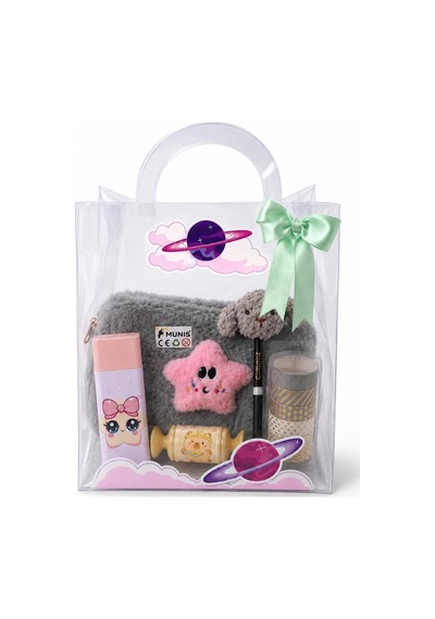 Sevimli Yıldız Temalı Kırtasiye Seti/peluş Kalem Kutusu, Hb Kalem, Silgi, Washi Bantlar, Kalemtıraş Gri - Pembe