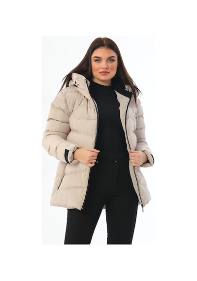 Spor Kadın Polarlı Kürklü Kapüşonlu Su Geçirmez Rüzgara Dayanıklı Şişme Mont Parka-104 Taş