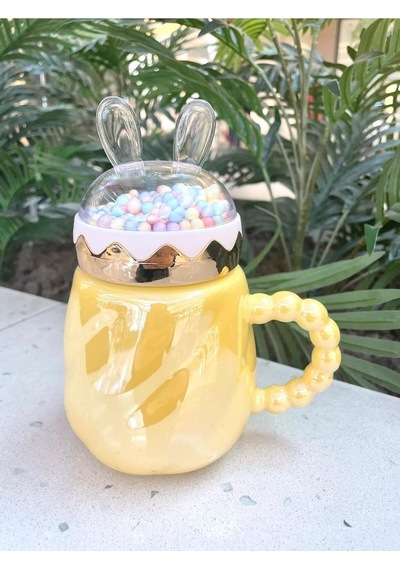 Tavşan Kapaklı Ponpon Kupa Mug Sarı