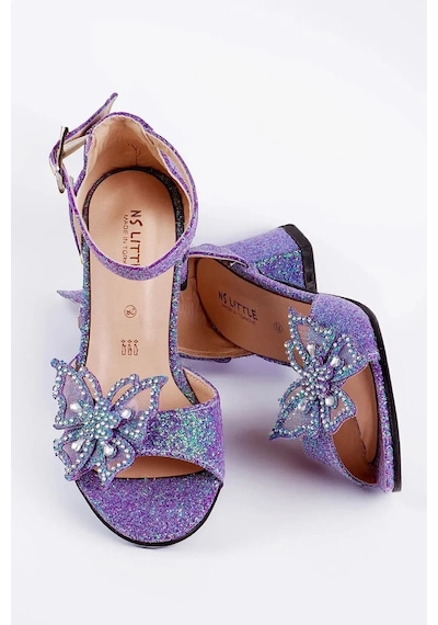 Nese Shoes Kelebekli Kız Çocuk Topuklu Ayakkabı, Simli Abiye Ayakkabı Mor