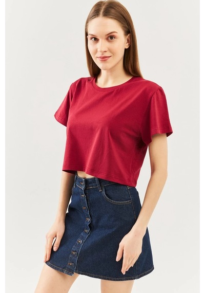 Kadın Rahat %100 Pamuklu Penye Bisiklet Yaka Kısa Kol Basic Crop T-shirt Bordo