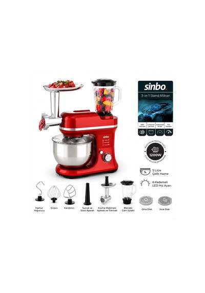 Sinbo Smx-2772 Kırmızı Mutfak Şefi Stand Mikser 3 İn 1 Kıyma Aparatlı 1500w
