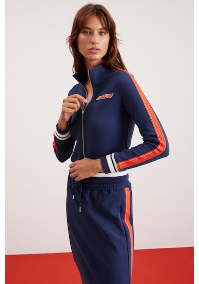 Grimelange Anıta Kadın Örme Slim Fit Parça Baskılı Dik Yaka Lacivert Ceket