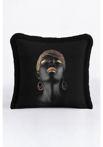 Lüks Afro Portre Saçaklı Yastık Kılıfı - Afrika Esintili Bohem Siyah Püsküllü Kırlent Kılıfı Koyu Gece Kahve