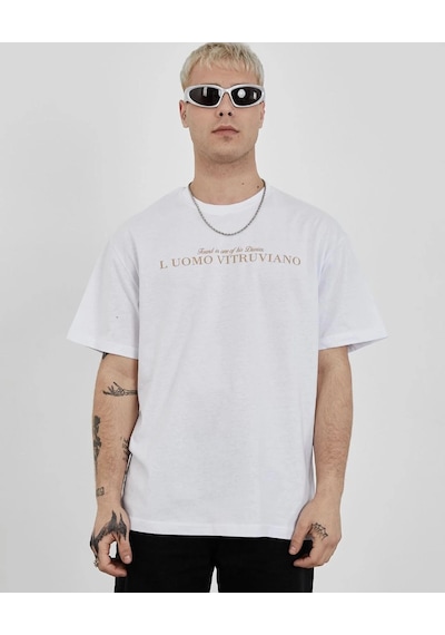 Barlashive Erkek Bisiklet Yaka Tişort Baskılı Oversize Kısa Kol T-shirt - Beyaz Çok Renkli