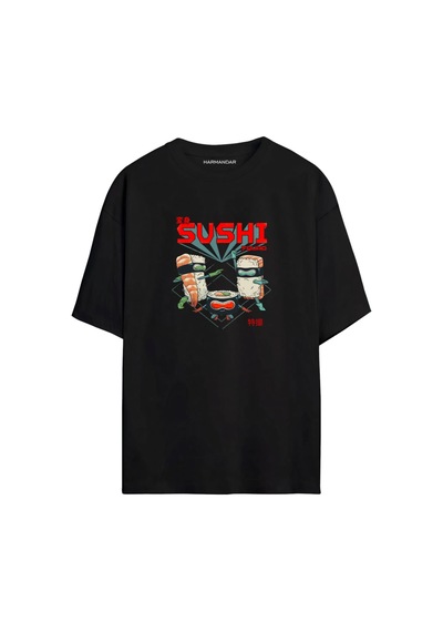 Anime Sushi Ninja Squad Baskılı Unisex Siyah - Beyaz Oversize T-shirt SIYAH