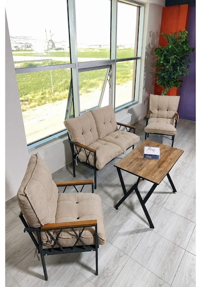 Miray 211 Masalı Bej Fermuarlı Bahçe Balkon Takımı, Salon, Teras- Berjer Düğmeli Metal Çay Seti Bej