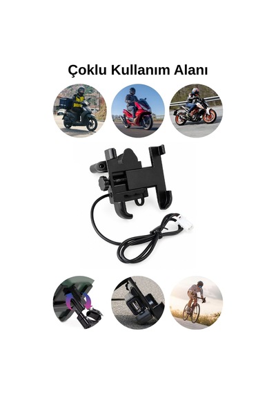 Motosiklet Uyumlu Usb Gidon Telefon Tutacağı Tüm Yıllar Abs Plastik + Metal Siyah Renk
