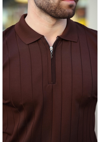 Madmext Madmext Kahverengi Polo Yaka Fermuarlı Erkek T-shirt E7298 Kahverengi