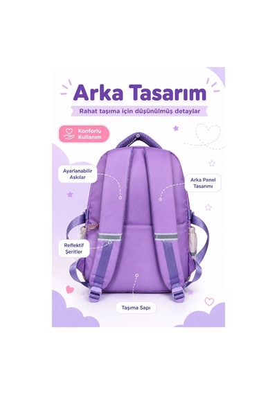 З'lü İlkokul Su Geçirmez Kumaş Çanta Seti Kız Çocuk Sırt Çantası + İçi Folyolu Beslenme Çantası + Kalemlik Mor Mor