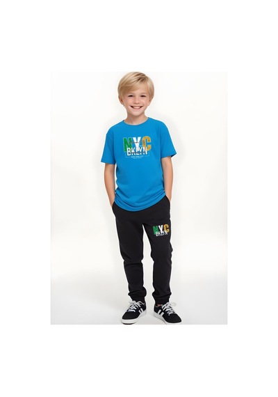 Fyk Kids Erkek Çocuk Mevsimlik Nyc Broklyn Baskılı Alt-üst Takım Mavi
