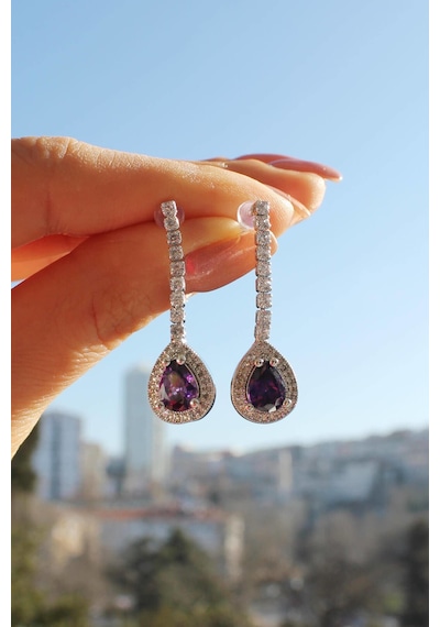 Niki Aksesuar Mor Damla Taşlı Diamond Model Küpe Mor