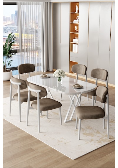 Canisa Jolin Serisi Mdf 90x168 Beyaz Mutfak Masa Takımı 6 Cappucino Sandalye Beyaz Masa, Cappucino Sandalye Canisa Jolin Serisi Mdf 90x168 Beyaz Mutfak Masa Takımı 6 Cappucino Sandalye Beyaz Masa, Cappucino Sandalye