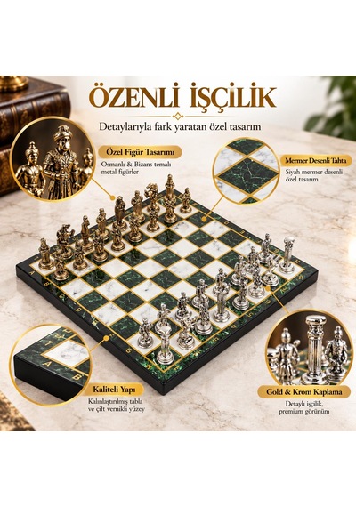 Lüks Metal Satranç Takımı Osmanlı Bizans Figürlü Krom Yeşil Mermer Desenli 20x20 Premium Hediye Seti