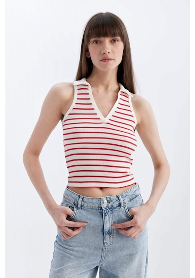 DeFacto Slim Fit Dar Kesim Çizgili Polo Yaka Fitilli Kaşkorse Atlet D1355AX24SMRD59