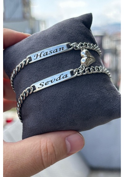2 Adet Kişiye Özel İsim Yazılı Mıknatıslı Kalpli Unisex Çelik Bileklik Çifti Scb70 Metalik