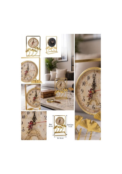 Gold Metal Çerçeveli Paris Manzaralı Ginkgo Yapraklı Dekoratif Masa Üstü Saat Ve Biblo 24x16 Cm Saat Seçeneği-Saatli