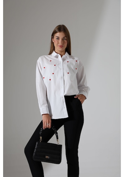 Corradeo Giyim Yeni Sezon Oversize Çizgili Poplin Kumaş Kalp Nakış Detaylı Apoletli Tasarım Gömlek Beyaz