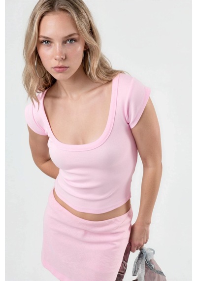 Hiccup Busem Slim Fit Ribana U Yaka Bluz Toz Pembe