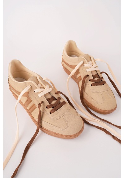 Muggo Huxley Çift Bağcıklı Günlük Kadın Sneaker Spor Ayakkabı Bej