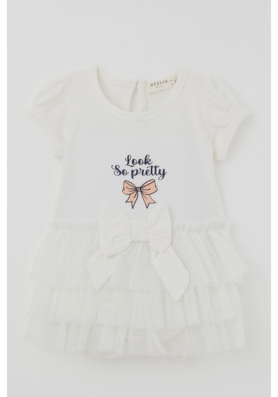 Breeze Kız Bebek Kısa Kollu Çıtçıtlı Zıbın Elbise Tütü Etekli Fiyonk Detaylı 6 Ay - 2 Yaş , Ekru