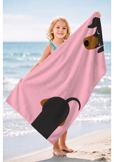Sevimli Köpek Figürlü Çocuk Plaj Havlusu - Pembe Modern Hayvan Temalı Hızlı Kuruyan Mikrofiber Havlu Bulut Defne