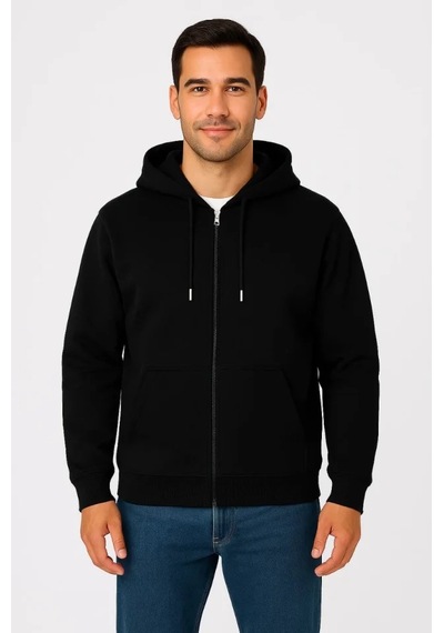 Erkek Üç İplik Kapüşonlu Tam Fermuarlı Kanguru Çepli Sweatshirt Hoodie - Siyah