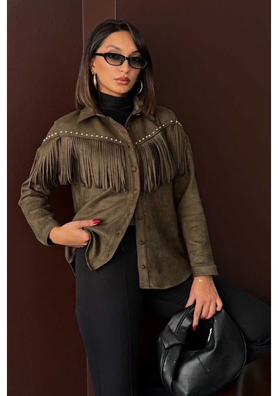 Verymoda Püsküllü Droplı Scuba Süet Gömlek - F2029 Haki