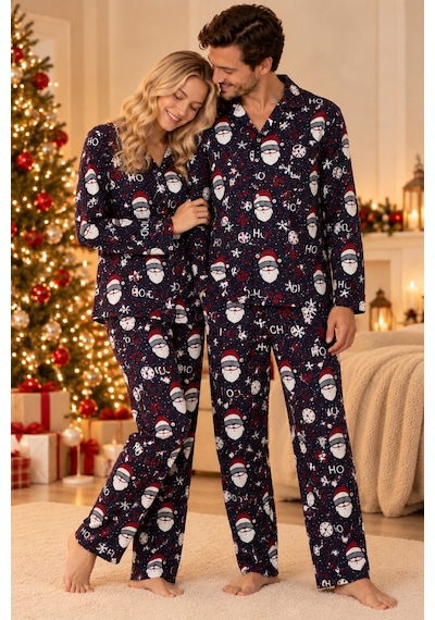 Free Beka Yılbaşı Desenli Kırmızı Uzun Kollu Önden Düğmeli Gömlek Yaka Aile Pijama Takımı Kombini Lacivert
