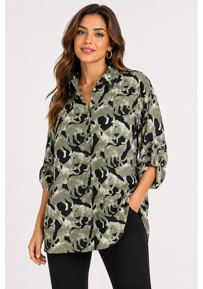Neden Tekstil Kadın Oversize Desenli Uzun Kol Gömlek - Yeşil