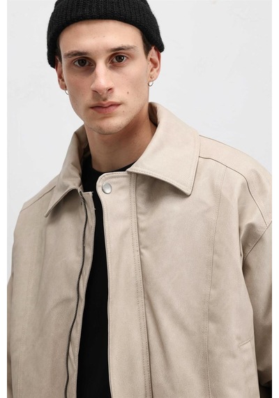 Vamos Oversize Deri Bomber Ceket Taş