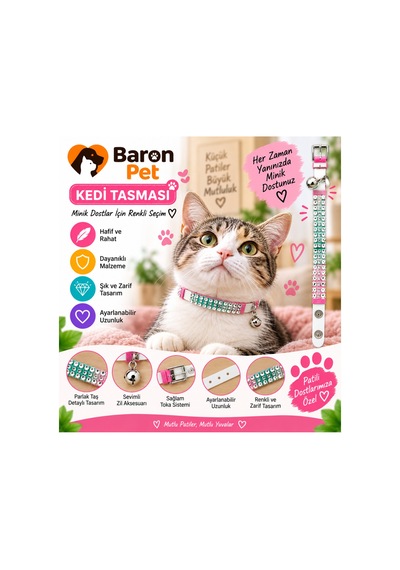 Kedi Tasması Beyaz Turkuaz Taşlı Zilli Ayarlanabilir Üç Sıra Kristal Taş Detaylı Kedi Boyun Tasması