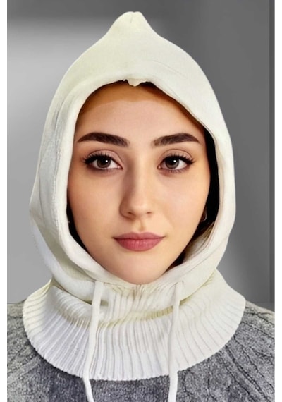 Uniquetrenders Balaclava Fitilli Triko Tesettür Örgü Bere Başlık Kırık Beyaz